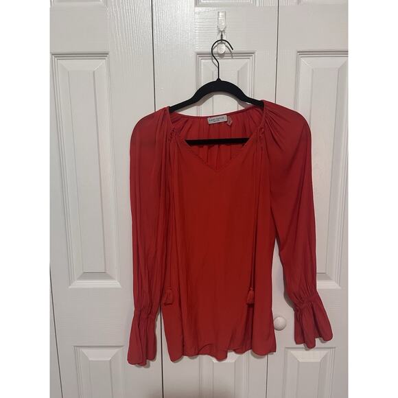 Ramy Brook New York Red Boho Tie Neck Pleated Long Sleeve Blouse Top S - Picture 1 of 3